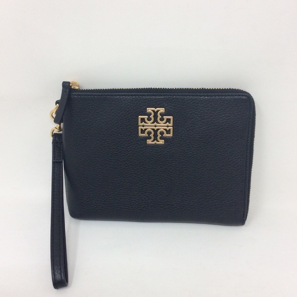 Authentic Tory Burch Britten Large Zip Pouch Wallet Wristlet Black Leather - Picture 3 of 14